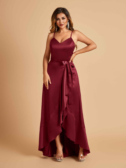 Satin Asymmetric V-neck Bridesmaid Dresses Sleeveless Side Slit A-line Unique