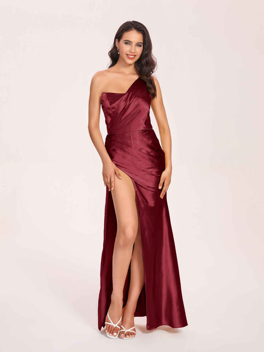 Sexy Satin One-shoulder Prom Dresses Side Slit Sheath Floor Length Long