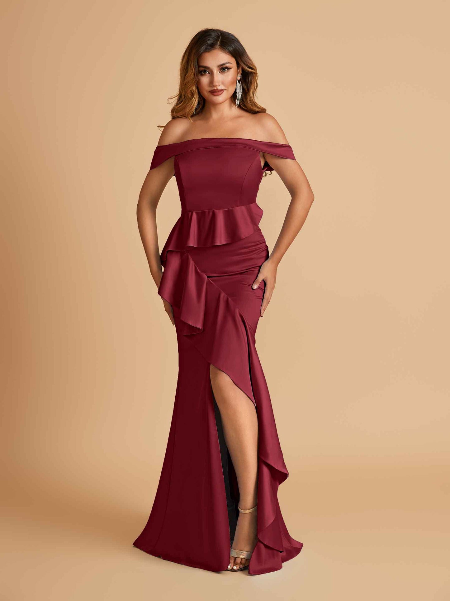 Satin Mermaid Off Shoulder Bridesmaid Dresses With Ruffles Side Slit Floor Length
