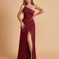Satin One Shoulder Sheath Bridesmaid Dresses Spaghetti Straps Side Slit Floor Length
