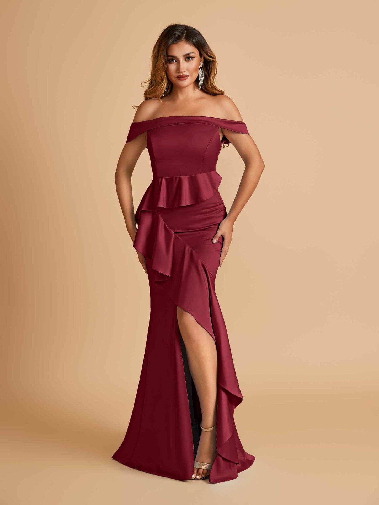 Satin Mermaid Off Shoulder Prom Dresses With Ruffles Side Slit Floor Length