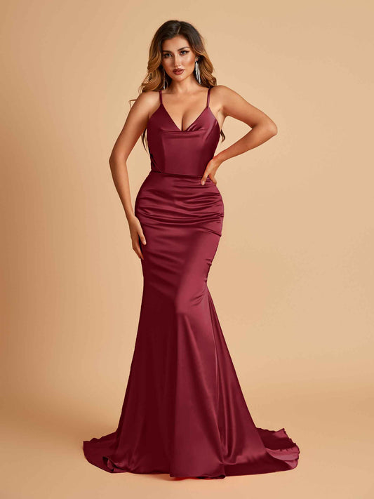 Sexy Satin Mermaid Bridesmaid Dresses Spaghetti Straps V-neck Pleats Floor Length