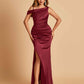 Unique Satin One Shoulder Bridesmaid Dresses Side Slit Half Open Back Floor Length