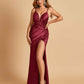 Sexy Satin Spaghetti Straps Prom Dresses V-neck Side Slit Pleats Floor Length Sheath