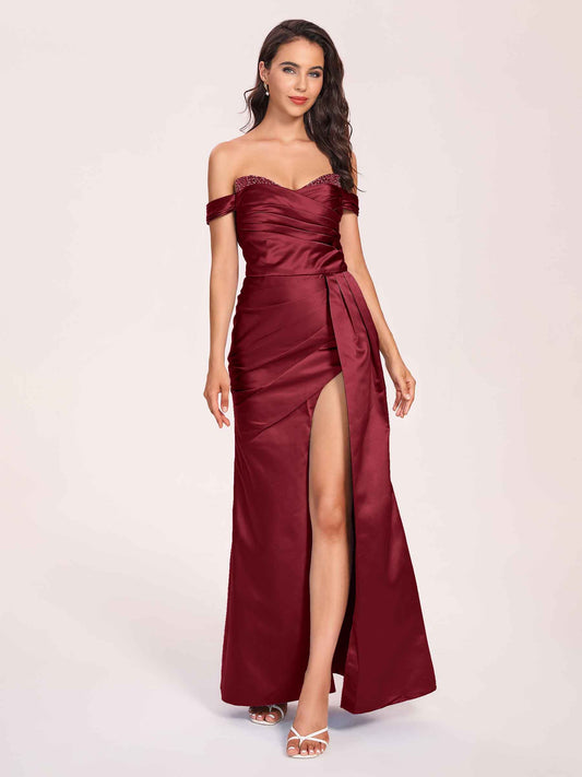 Elegant Satin Off Shoulder Bridesmaid Dresses Side-slit Sweetheart Floor Length Sheath