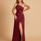 Satin One Shoulder Sheath Prom Dresses Spaghetti Straps Side Slit Floor Length