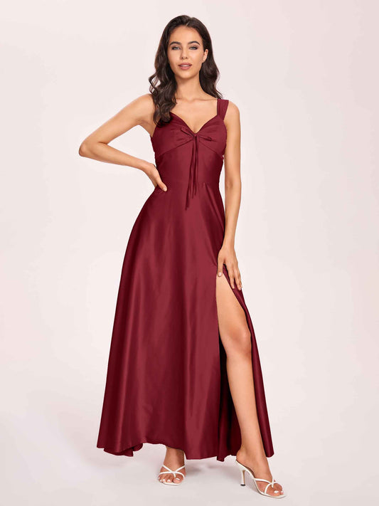 Satin V-neck A-line Prom Dresses Side slit Floor Length
