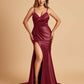Satin Mermaid V-neck Bridesmaid Dresses Spaghetti Straps Side Slit Floor Length
