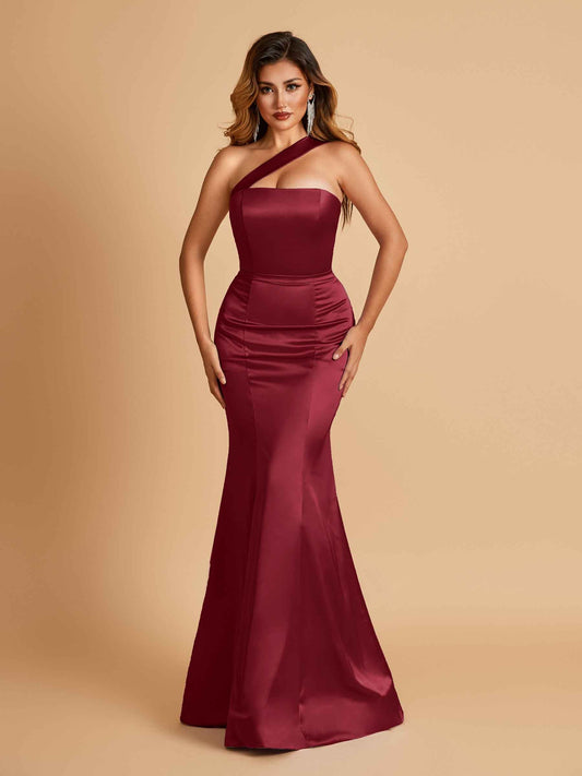 Sexy Satin Mermaid Prom Dresses One Shoulder Floor Length