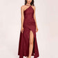 Sexy Satin Halter Strap Sheath Bridesmaid Dresses Side Slit Pleats Floor Length