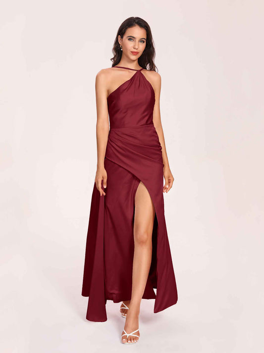 Sexy Satin Halter Strap Sheath Bridesmaid Dresses Side Slit Pleats Floor Length