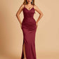 Satin Mermaid Long Prom Dresses Spaghetti Straps V-neck Side Slit Floor Length