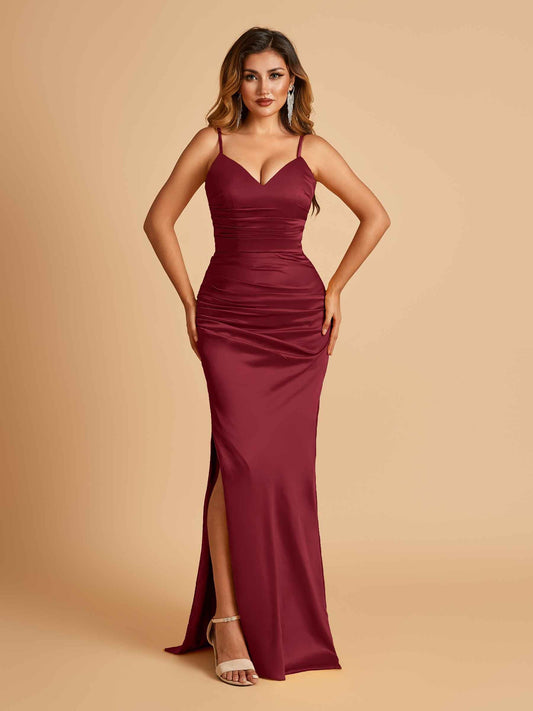 Satin Mermaid Long Prom Dresses Spaghetti Straps V-neck Side Slit Floor Length