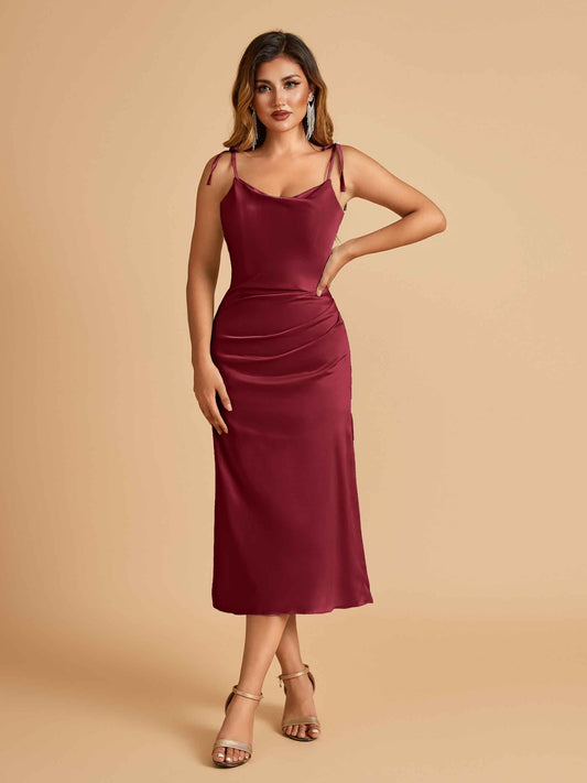 Sexy Satin Midi Prom Dresses Spaghetti Straps Slip Scoop Side Slit