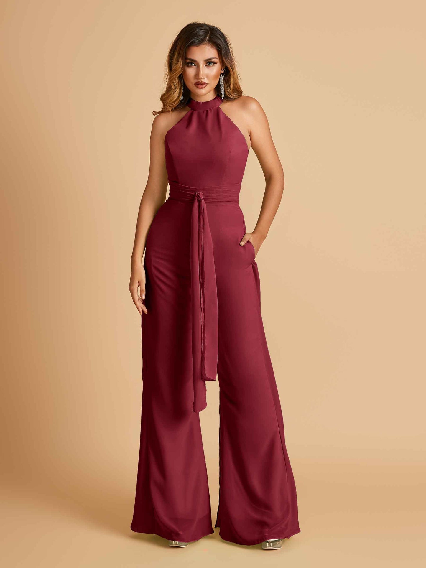 Chiffon Bridesmaid Jumpsuit Jewel Neck Sleeveless Floor Length With Pockets