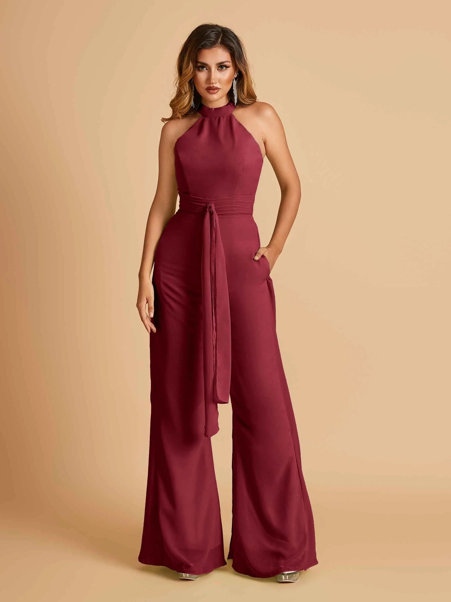 Chiffon Bridesmaid Jumpsuit Jewel Neck Sleeveless Floor Length With Pockets For Sale