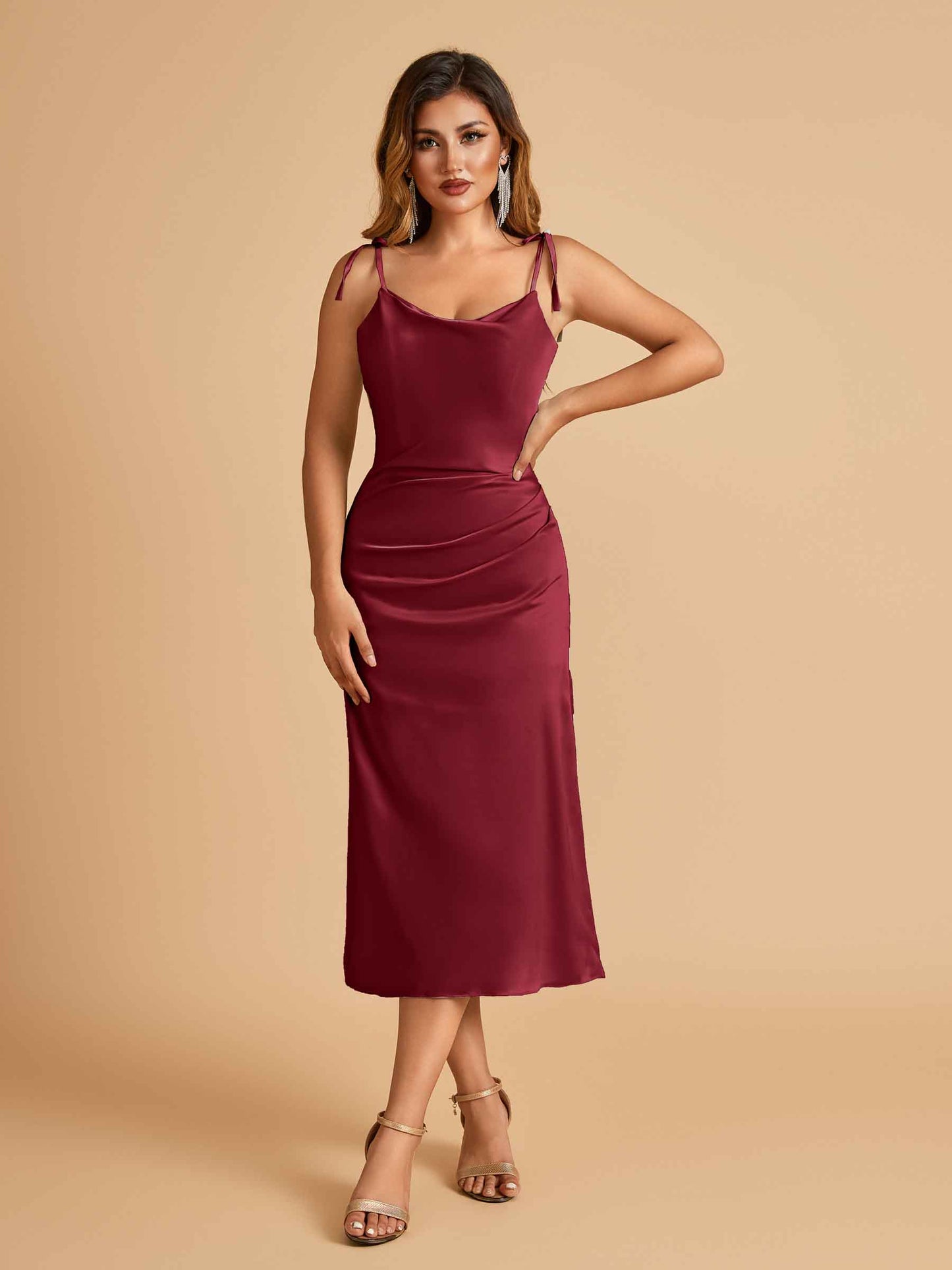 Sexy Satin Midi Bridesmaid Dresses Spaghetti Straps Slip Scoop Side Slit