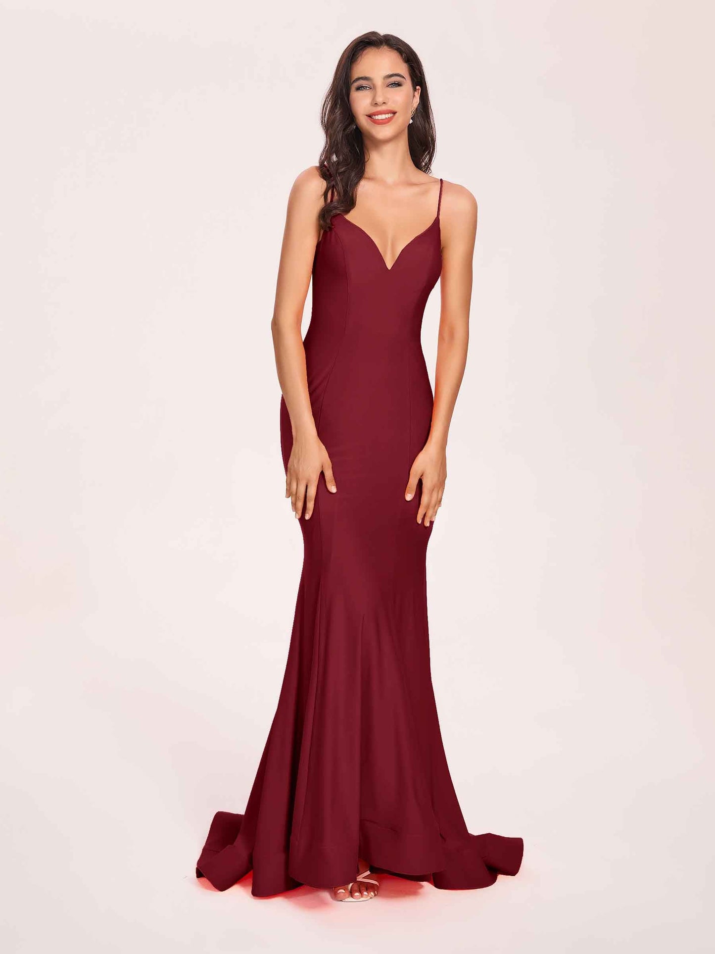 Sexy Satin Mermaid Prom Dresses Spaghetti Straps V-neck Floor Length Lace-up Back