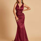 Sexy Satin Criss-cross Back Bridesmaid Dresses Mermaid Deep V-neck Back Pleats Floor Length