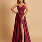 Satin A-line Long Bridesmaid Dresses Spaghetti Straps V-neck Side Slit Floor Length
