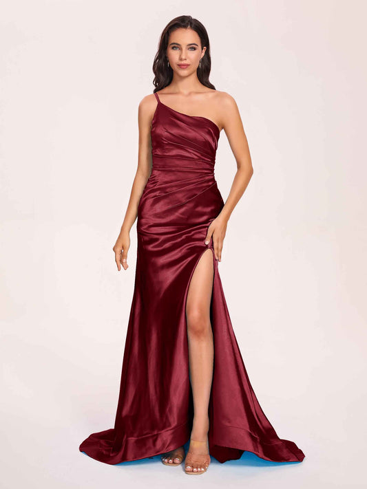 Satin One-shoulder Mermaid Prom Dresses Side Slit Pleats Floor Length