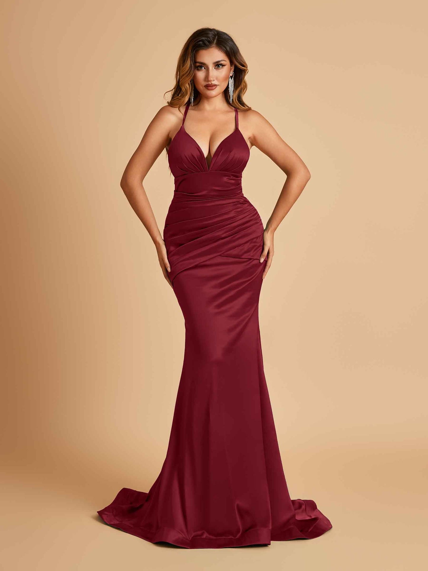 Satin Mermaid Open-back Prom Dresses Spaghetti Straps V-neck With Pleats Floor Length