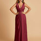 Sexy Satin Deep V-neck Long Bridesmaid Dresses A-line Pleats Sleeveless Floor Length