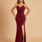 Sexy Satin Mermaid Bridesmaid Dresses Spaghetti Straps V-neck Side Slit Floor Length
