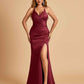 Sexy Satin Mermaid Long Prom Dresses Spaghetti Straps Sweetheart Side Slit Criss-cross Back