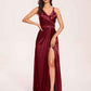 Sexy Satin A-line Prom Dresses Spaghetti Straps Side Slit V-neck Floor Length