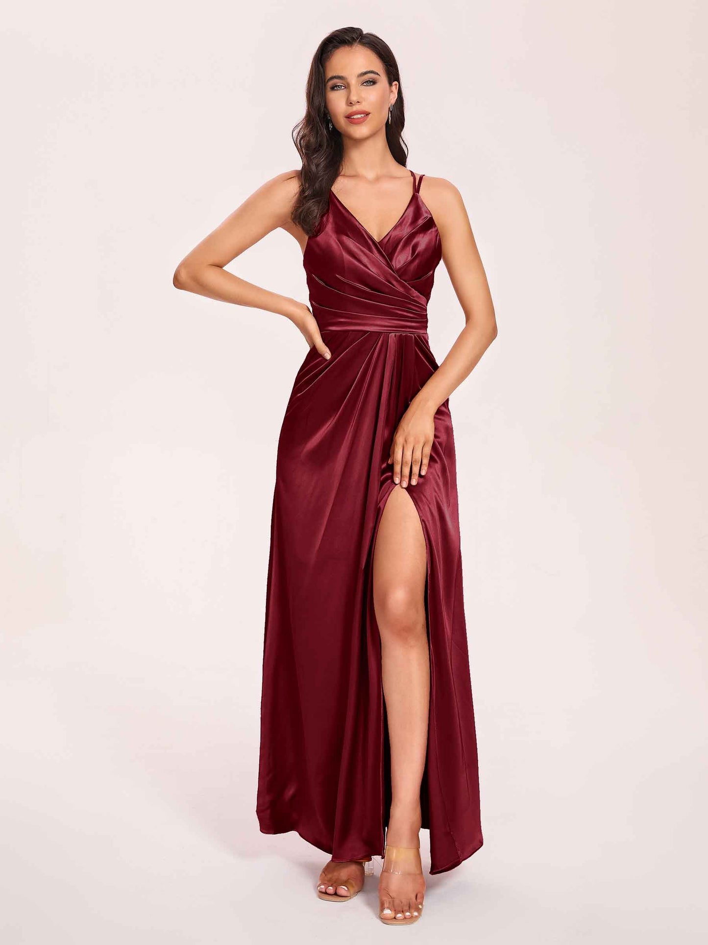 Sexy Satin A-line Prom Dresses Spaghetti Straps Side Slit V-neck Floor Length