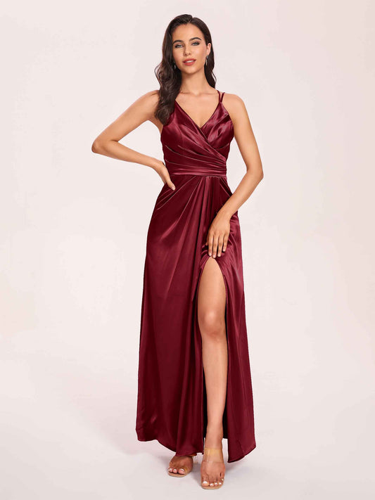 Sexy Satin A-line Prom Dresses Spaghetti Straps Side Slit V-neck Floor Length