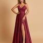 Satin A-line Long Prom Dresses Spaghetti Straps V-neck Side Slit Floor Length