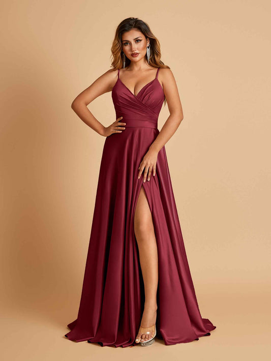 Satin A-line Long Prom Dresses Spaghetti Straps V-neck Side Slit Floor Length