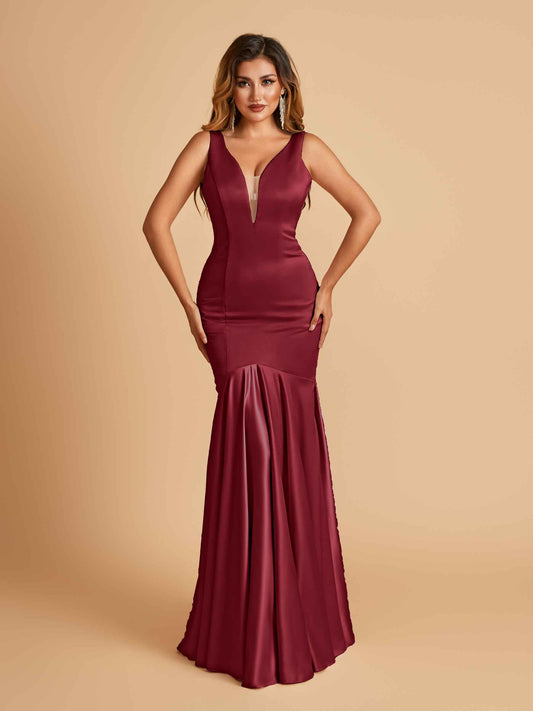 Satin Deep V-neck Mermaid Bridesmaid Dresses Half Open Back Floor Length