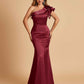 Satin One-shoulder Bridesmaid Dresses Ruffle Sleeves Mermaid Floor Length For Sale