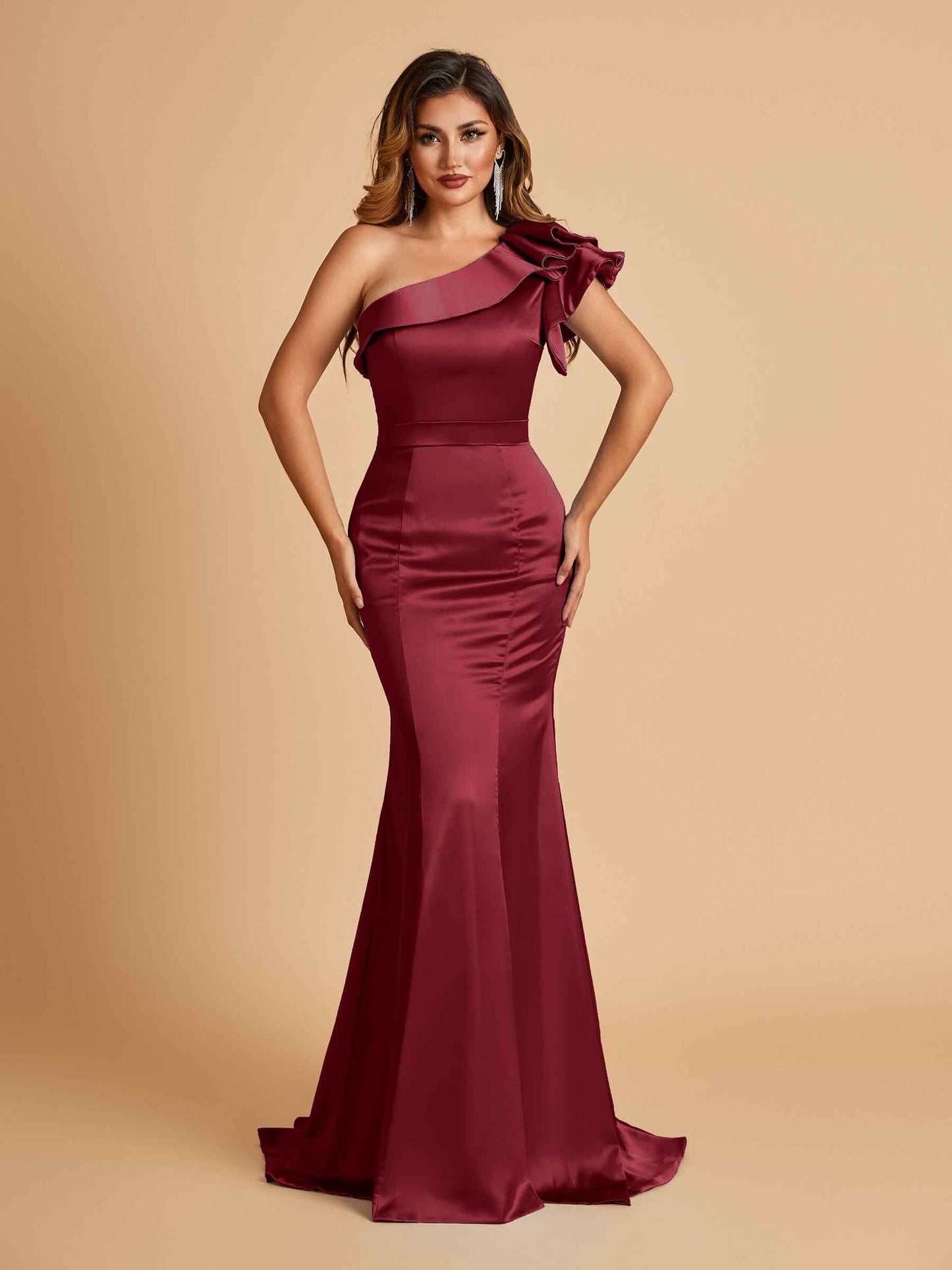 Satin One-shoulder Bridesmaid Dresses Ruffle Sleeves Mermaid Floor Length For Sale