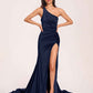 Jersey One-shoulder Prom Dresses Open Back Pleats Side-Slit With Train Long