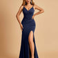 Jersey Mermaid Bridesmaid Dresses Spaghetti Straps V-neck Side Slit Pleats Floor Length