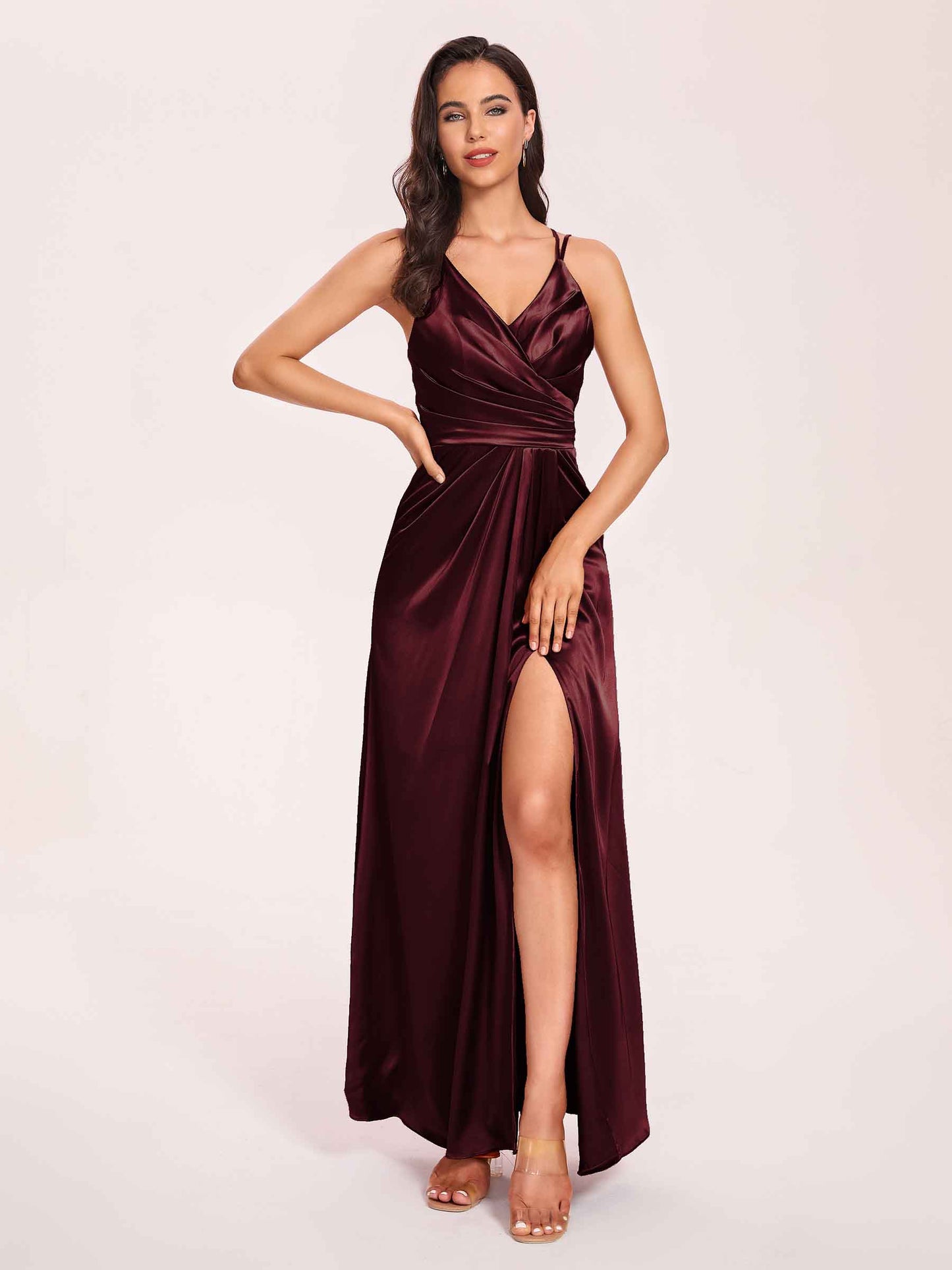 Sexy Satin A-line Bridesmaid Dresses Spaghetti Straps Side Slit V-neck Floor Length
