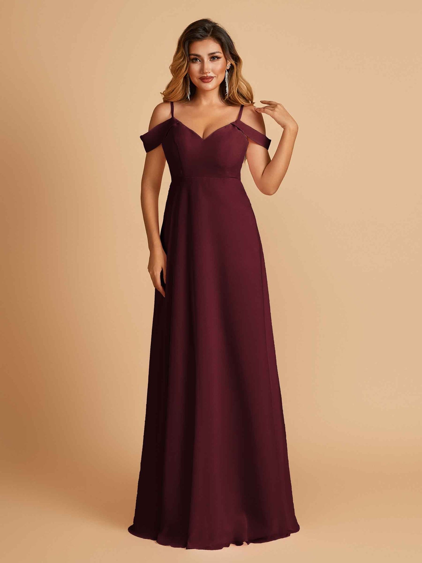 Chiffon Off-shoulder Long Bridesmaid Dresses V-neck Floor Length A-line For Sale