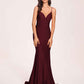 Sexy Satin Mermaid Prom Dresses Spaghetti Straps V-neck Floor Length Lace-up Back