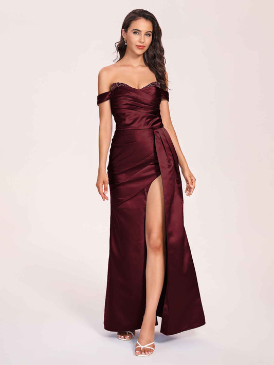 Elegant Satin Off Shoulder Bridesmaid Dresses Side-slit Sweetheart Floor Length Sheath