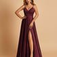 Satin A-line Long Prom Dresses Spaghetti Straps V-neck Side Slit Floor Length