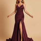 Sexy Satin Mermaid Open Back Prom Dresses Spaghetti Straps V-neck Side Slit