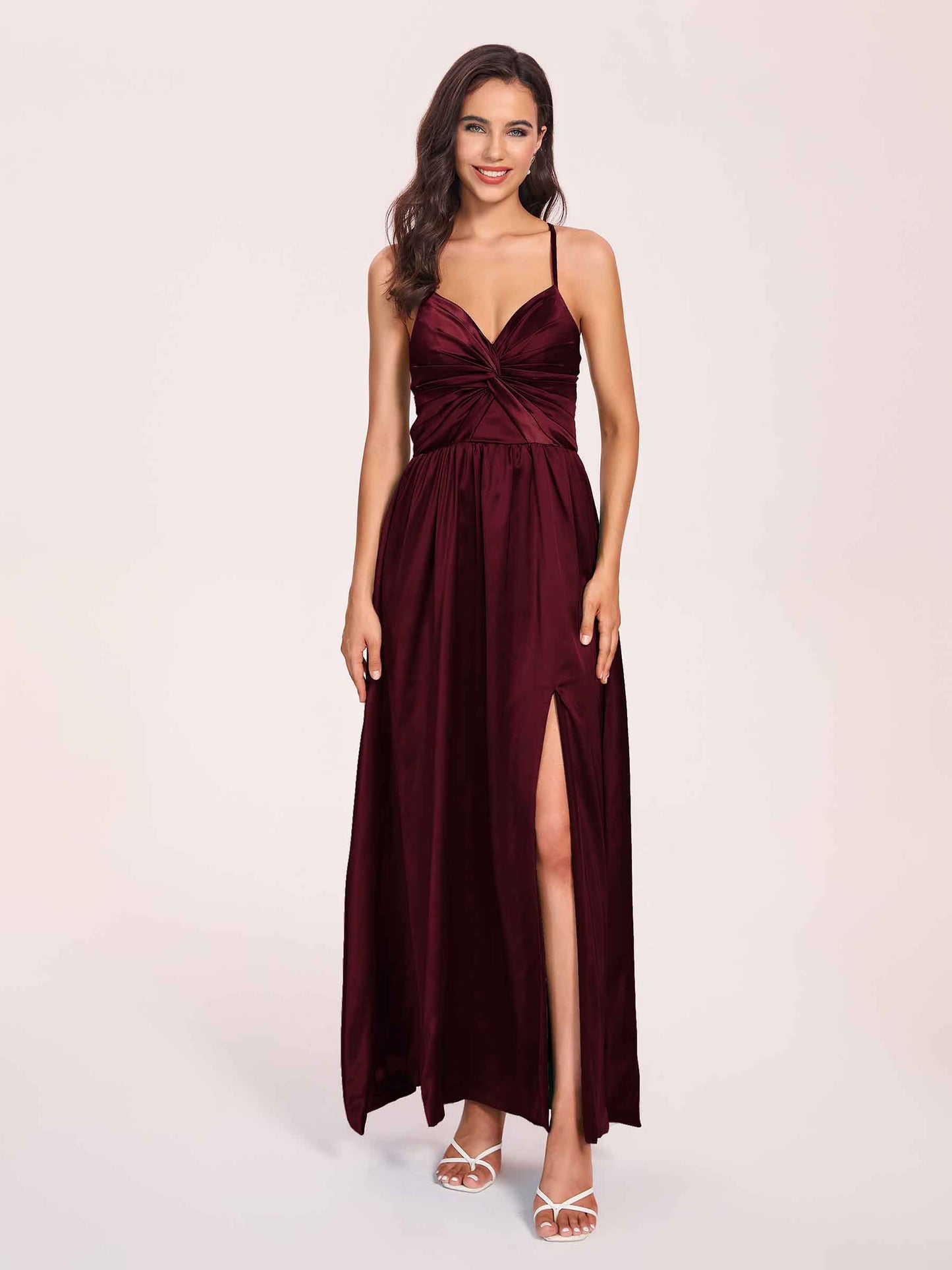 Satin Spaghetti Straps A-line Bridesmaid Dresses Side Slit Floor Length