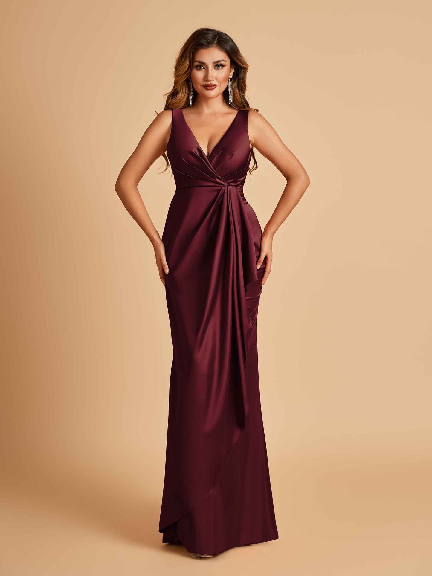 Sexy Satin Sheath V-neck Prom Dresses Strapless Floor Length