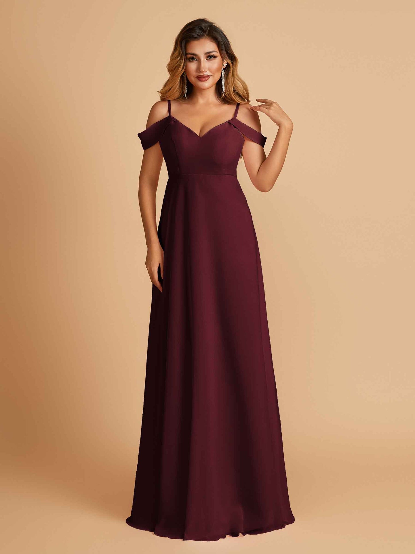 Chiffon Off-shoulder Long Bridesmaid Dresses V-neck Floor Length A-line