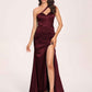 Sexy Satin One-shoulder Prom Dresses Side Slit Sheath Floor Length Long