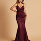 Satin Mermaid V-neck Prom Dresses Spaghetti Straps Floor Length
